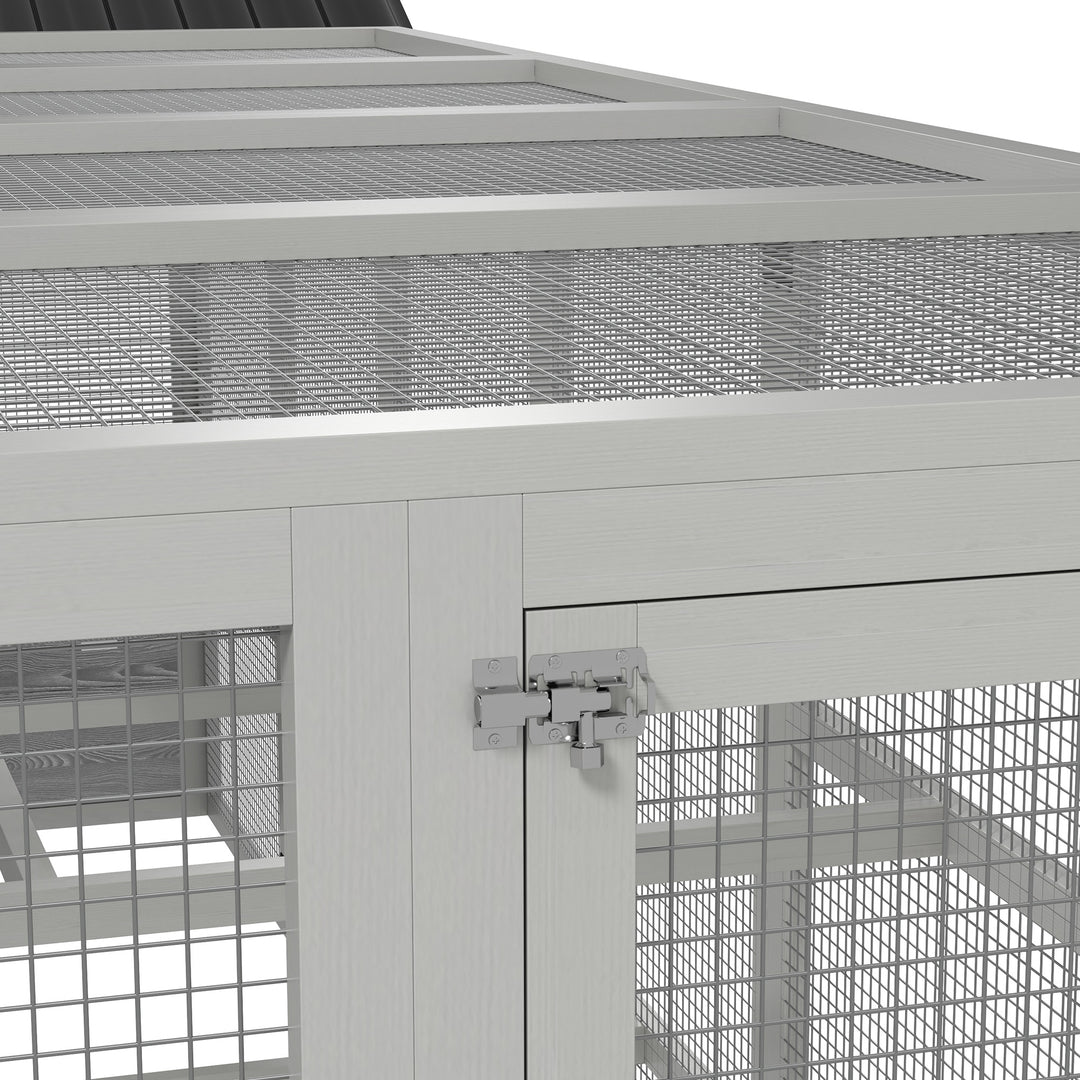 PawHut 142" Outdoor Wooden Chicken Coop with Run, Ramps, Perches, Storage, Combinable Design for 6 - 10 Chickens, Grey