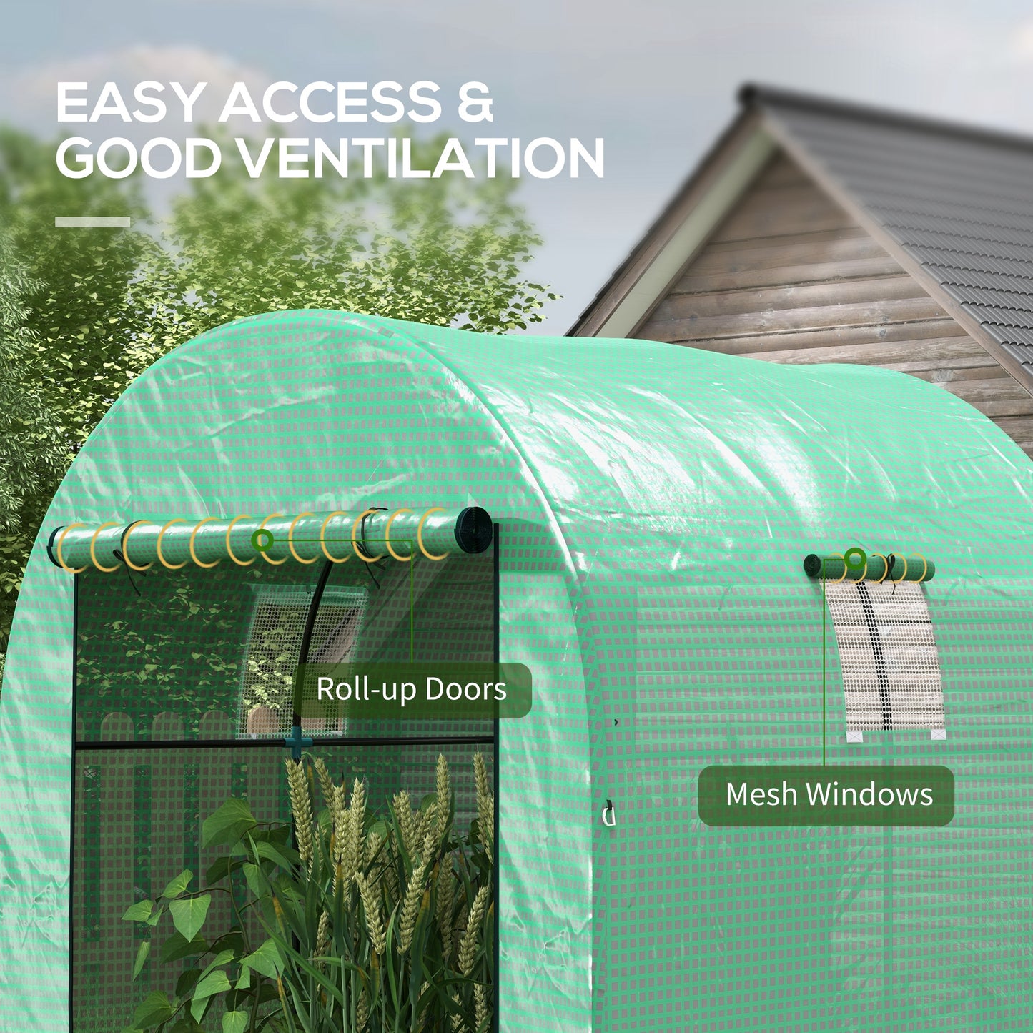 Outsunny Tunnel Greenhouse Walk-in Green House with UV-resistant PE Cover, Doors and Mesh Windows, 6' x 6' x 6.6', Green