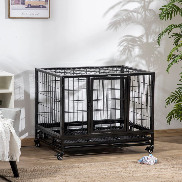 PawHut Heavy Duty Dog Crate Cage for Medium Small Dogs Cats with Two Doors, Lockable Wheels, Removable Tray, 36" x 24" x 27"