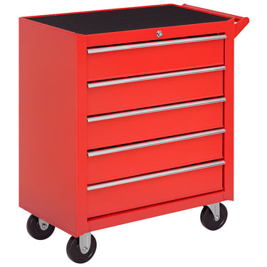 HOMCOM 5 Drawer Roller Tool Chest, Mobile Lockable Toolbox, Storage Organizer with Handle for Workshop Mechanics Garage, Red