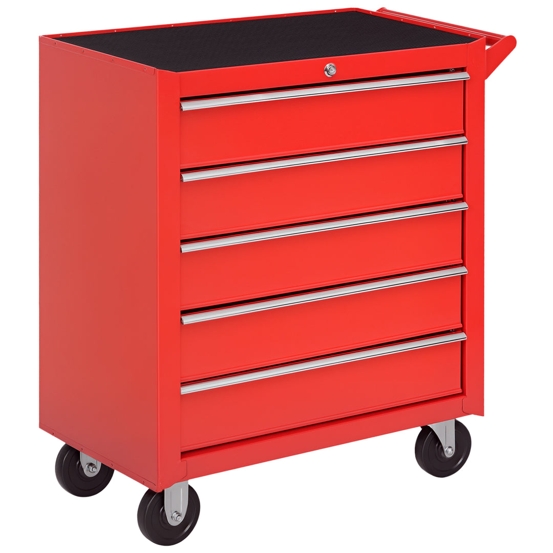 HOMCOM 5 Drawer Roller Tool Chest, Mobile Lockable Toolbox, Storage Organizer with Handle for Workshop Mechanics Garage, Red