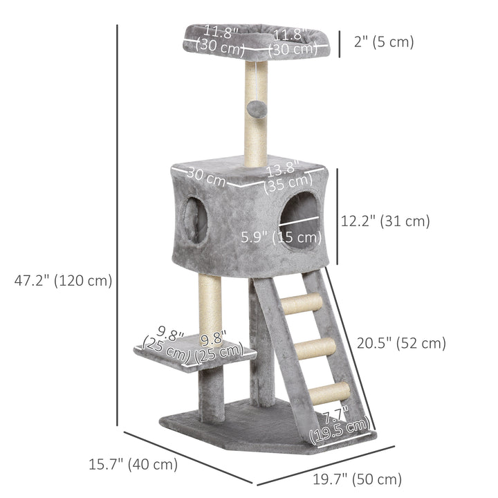 PawHut 47" Tall Cat Tree Tower with Condo, Ladder, Scratching Posts and Hanging Ball, Light Grey