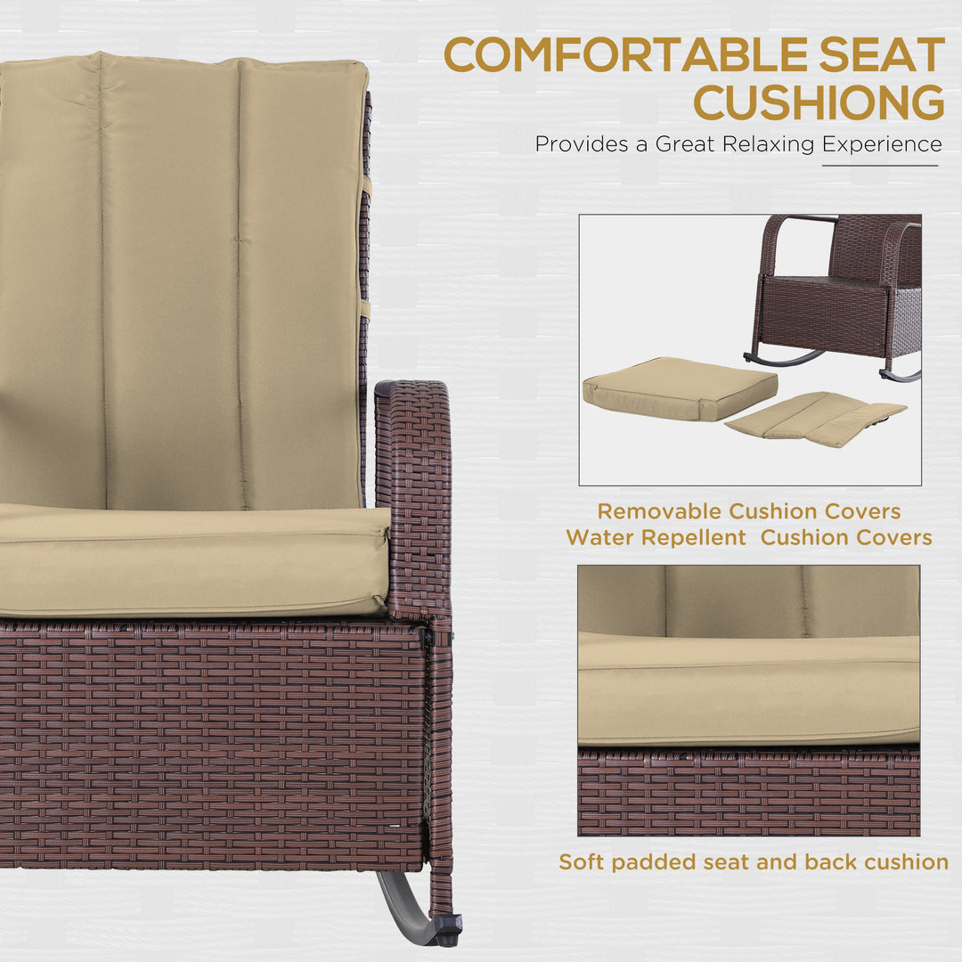 Outsunny Outdoor Wicker Rocking Chair with Cushion, Patio PE Rattan Recliner Chair with Adjustable Footrest, Armrests, Dark Blue