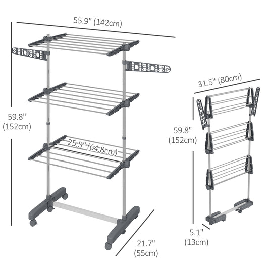 HOMCOM 3-Tier Foldable Clothes Drying Rack, Stainless Steel Laundry Rack with 2 Side Wings and 6 Castors, Collapsible Adjustable Clothes Airer for Indoor Outdoor, Grey