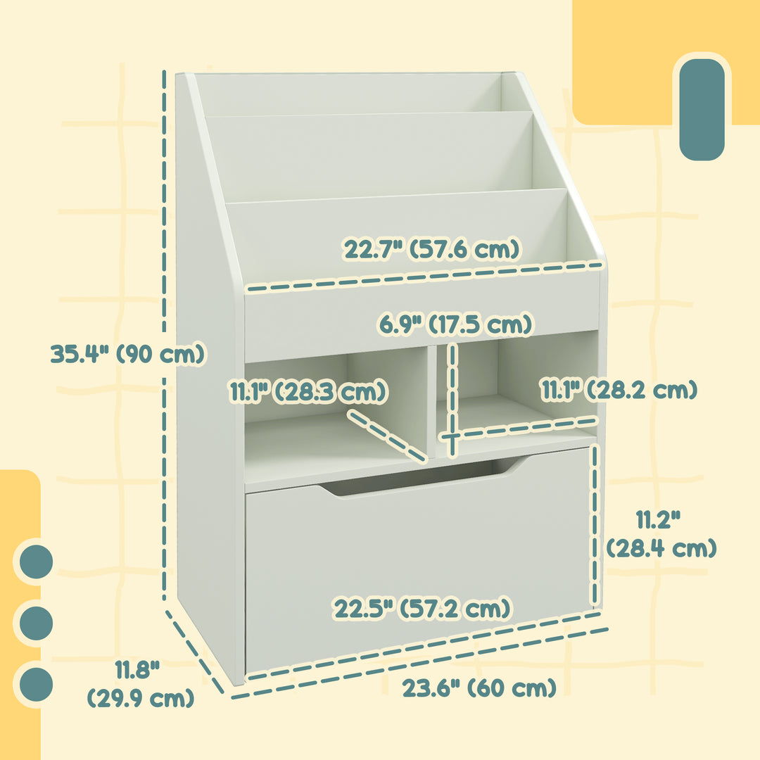 HOMCOM Kids Bookcase Multi-Shelf Rack Organizer with Storage Drawer for Books for Reading Nook, Classroom, Bedroom, Playroom, Grey