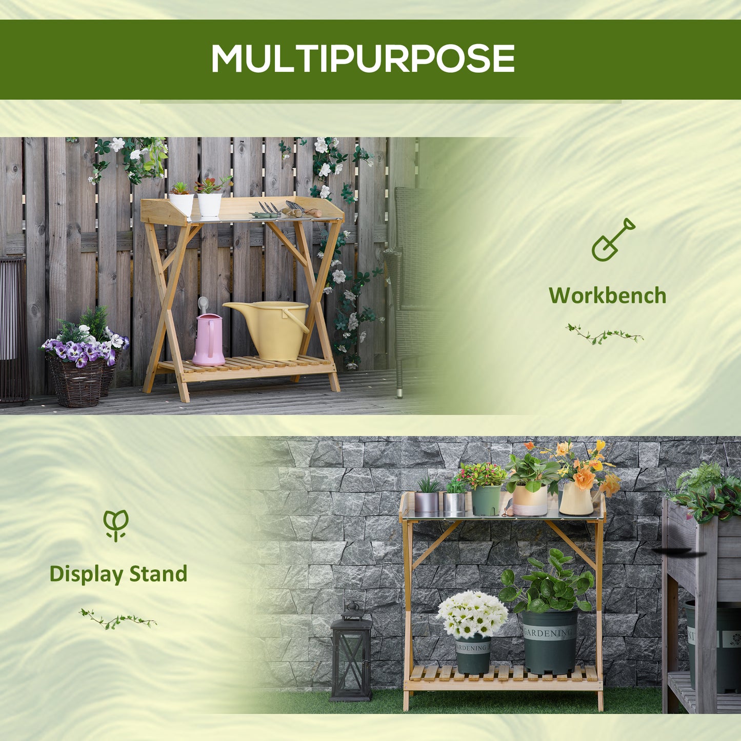 Outsunny Garden Potting Bench Table, Wooden Work Station, Outdoor Planting Workbench w/ Galvanized Metal Tabletop and Storage Shelf