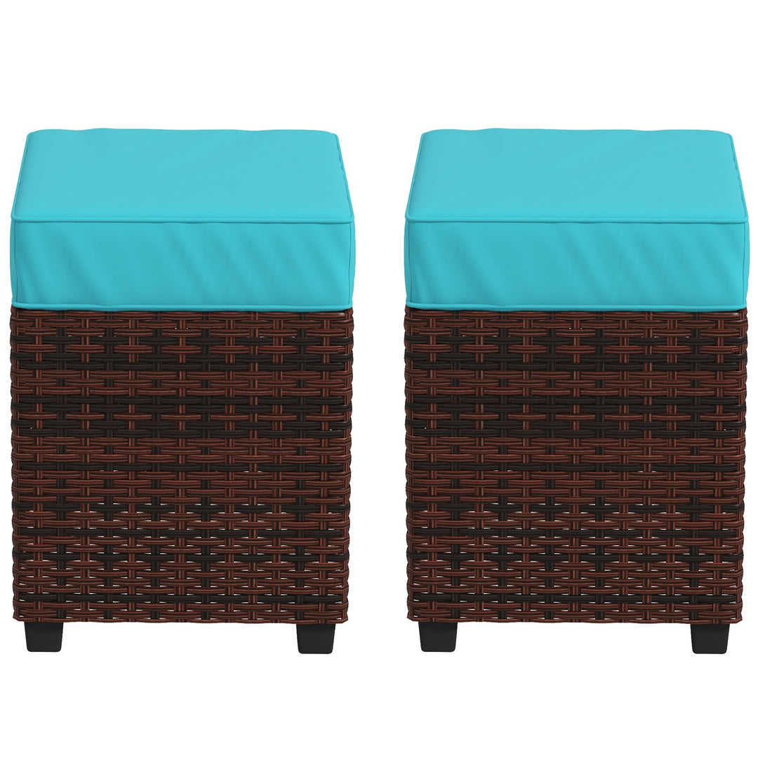 Outsunny 2 PCS Patio Wicker Ottoman Set, Square Outdoor PE Rattan Footrest with Removable Cushion for Backyard, Sky Blue