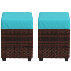 Outsunny 2 PCS Patio Wicker Ottoman Set, Square Outdoor PE Rattan Footrest with Removable Cushion for Backyard, Sky Blue