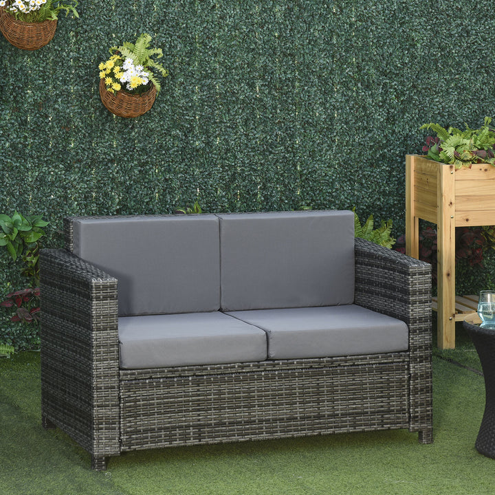 Outsunny 2 Seat Patio Loveseat Deluxe Wicker Sofa Chair Outdoor Rattan Furniture Couch All Weather with Cushion for Balcony, Deck, Garden and Poolside, Grey