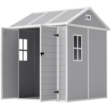 Outsunny 6' x 6' Resin Outdoor Storage Shed with Floor, Window, Lockable Doors and Vents for Backyard Patio Lawn, Grey