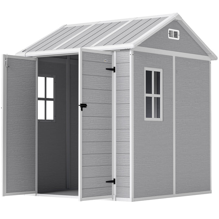 Outsunny 6' x 6' Resin Outdoor Storage Shed with Floor, Window, Lockable Doors and Vents for Backyard Patio Lawn, Grey