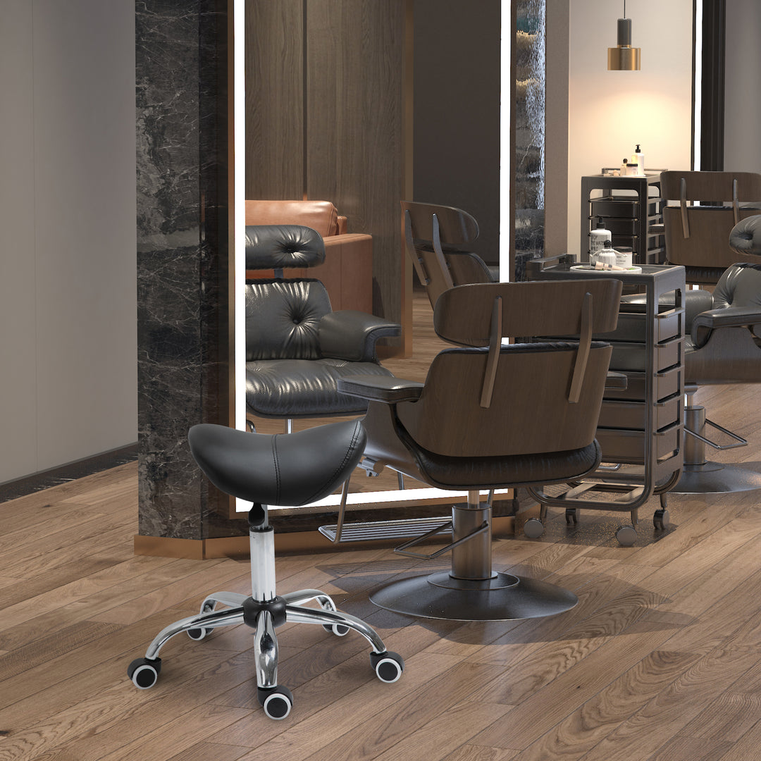 HOMCOM Cosmetic Stool 360° Rotate Height Adjustable Salon Massage Spa Chair Hydraulic Rolling Faux Leather Saddle Stool Mobility, Cream White