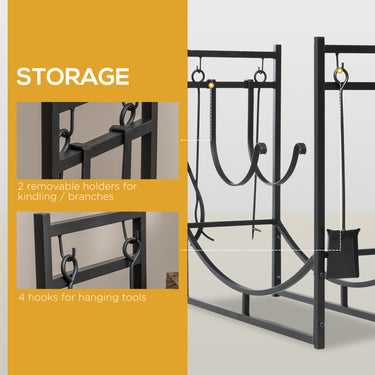 Outsunny 2-Tier Firewood Log Rack with 4 Tools 33" Fireplace Wood Holder Storage Log Rack with Shovel, Broom, Poker, Tongs and Hooks