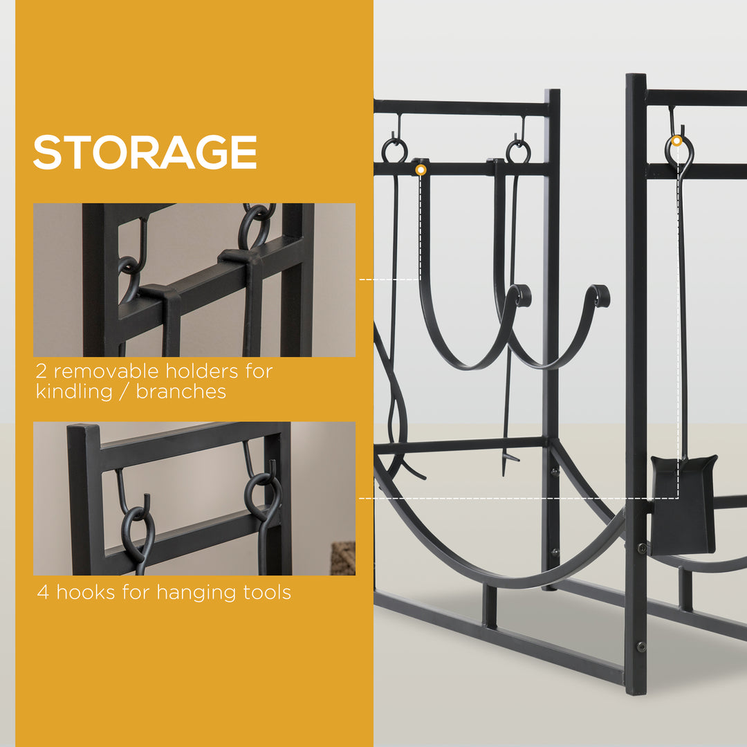 Outsunny 2-Tier Firewood Log Rack with 4 Tools 33" Fireplace Wood Holder Storage Log Rack with Shovel, Broom, Poker, Tongs and Hooks