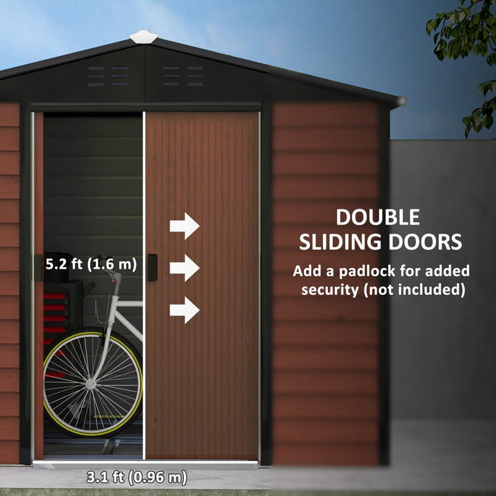 Outsunny 8' x 7' Outdoor Storage Shed, Galvanized Steel Metal Garden Shed with Lockable Doors, Floor Frame, Vents, Lock and Gloves for Backyard, Lawn, Patio, Teak