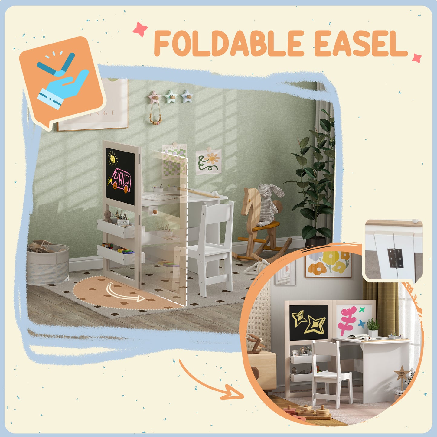Qaba 3 in 1 Kids Table and Chair Set with Foldable Easel, Storage Shelves, Roll Paper, White