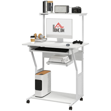 HOMCOM 32" Mobile Computer Table, Rolling Study Desk for Home Office with Keyboard Tray, Storage Shelves, Wheels, White