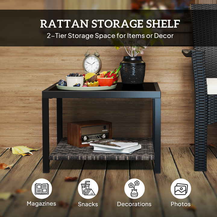 Outsunny 23.6" Rattan End Table, Outdoor Coffee Table with Tempered Glass Top, Storage Shelf for Patio, Garden, Balcony, Black