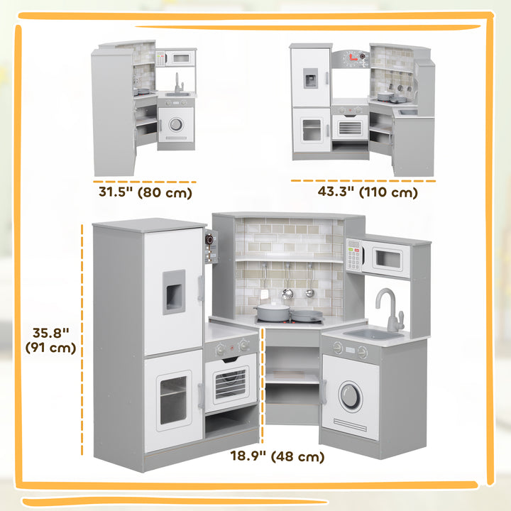 Qaba Corner Play Kitchen, Pretend Play Kitchen Set with Lights & Sounds, Stove Ice Maker Microwave Oven