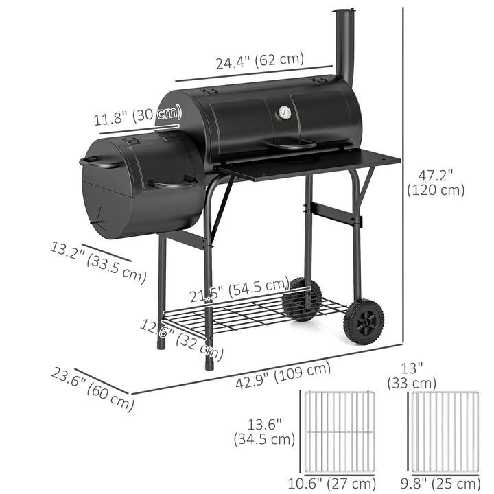 Outsunny Portable Outdoor Charcoal BBQ Grill with Offset Smoker, Barbecue Grill with Spacious Cooking Area, 2 Shelves, Thermometer, Wheels for Patio Backyard Party, Black