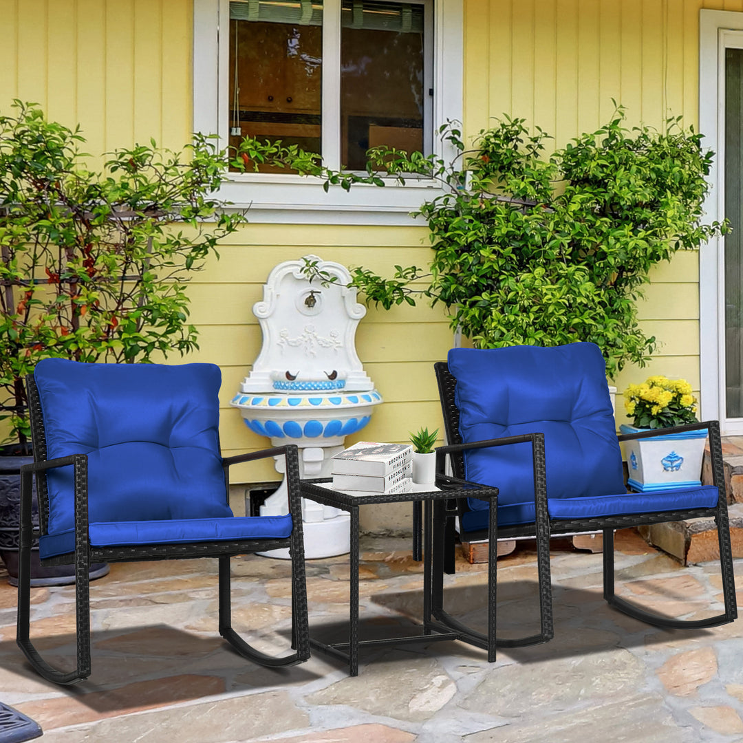 Outsunny 3 Pieces Rocking Bistro Set, Outdoor Wicker Patio Furniture with Glass Coffee Table and Outside Rocking Chairs for Porch, Conversation Sets with Thick Cushions, Blue