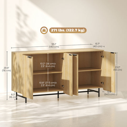HOMCOM 55" Modern Sideboard, Fluted Buffet Cabinet with Adjustable Shelves, 5 Metal Legs for Kitchen, Living Room, Nature Wood