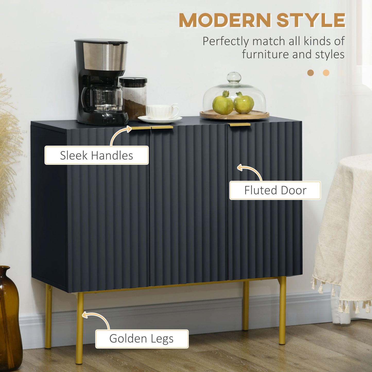 HOMCOM Modern Storage Cabinet Sideboard Buffet Cabinet with Gold Legs for Living Room Dining Room Hallway Grey
