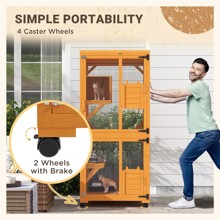 PawHut Catio Outdoor, Elevated Design, with Wheels, Resting Box, Water-Resistant, Multi Platforms, Orange