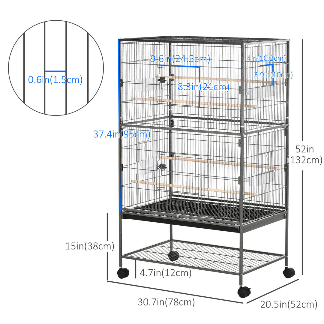 PawHut 52'' Large Rolling Steel Bird Cage Bird House with Rolling Stand, Storage Shelf, Wood Perch, Food Container, Dark Grey
