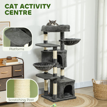 PawHut 52.5" Cat Tree Tower with Scratching Posts, Cat Condos, Bed, Platforms, Hammocks, for Indoor Cats, Dark Grey