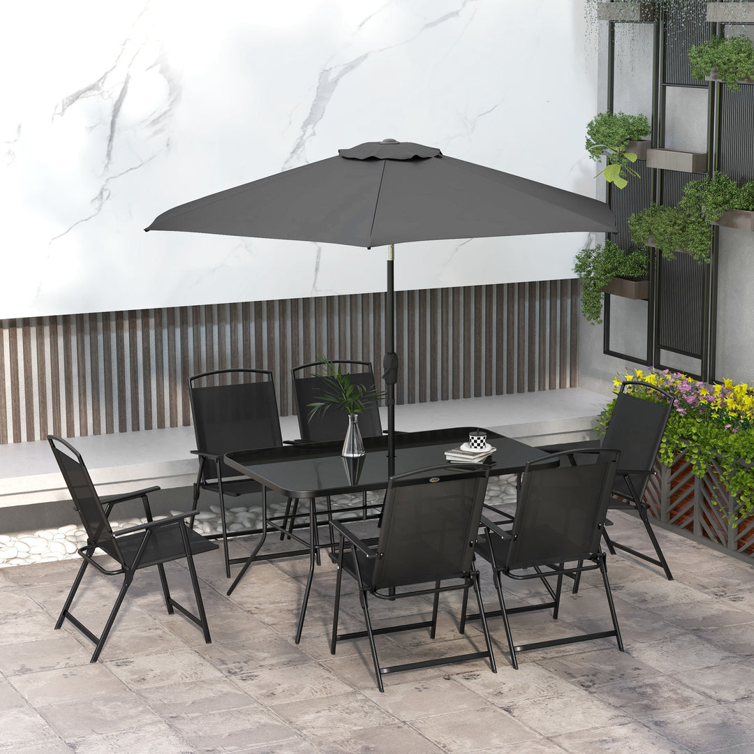 Outsunny 8 Piece Patio Set with Umbrella, 6 Folding Chairs, Rectangle Table, Outdoor Dining Set for 6 with Mesh Seat, Grey