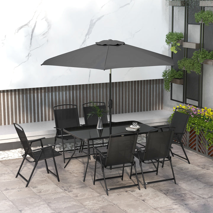 Outsunny 8 Piece Patio Set with Umbrella, 6 Folding Chairs, Rectangle Table, Outdoor Dining Set for 6 with Mesh Seat, Grey