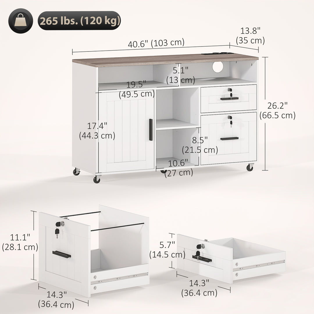 HOMCOM Mobile Printer Stand with Charging Station and USB Ports, Locking Filing Cabinet for A4 and Letter Size, White