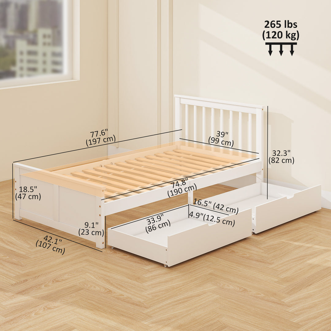 HOMCOM Pine Twin Bed Frame, Wood Storage Bed Frame with Drawers, Wood Slat Support, No Box Spring Needed, Easy Assembly, White