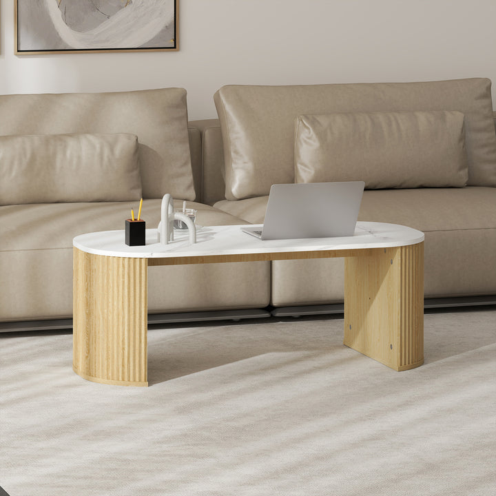 HOMCOM Coffee Table, Modern Marble-Effect Living Room Table with Round Corners and Thicken Legs, Black