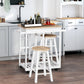 HOMCOM Kitchen Trolley 3 Piece Kitchen Cart Set Drop Leaf Breakfast Table and 2 Stools w/ Rolling Wheels & Towel Bars, Wood & White
