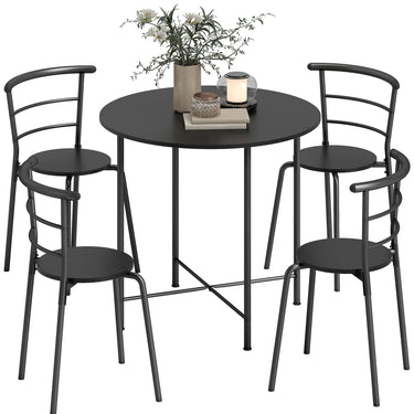 HOMCOM 5 Piece Dining Table Set, Space Saving Round Dining Set for 4 with Metal Frame for Small Spaces, Black Wood Grain