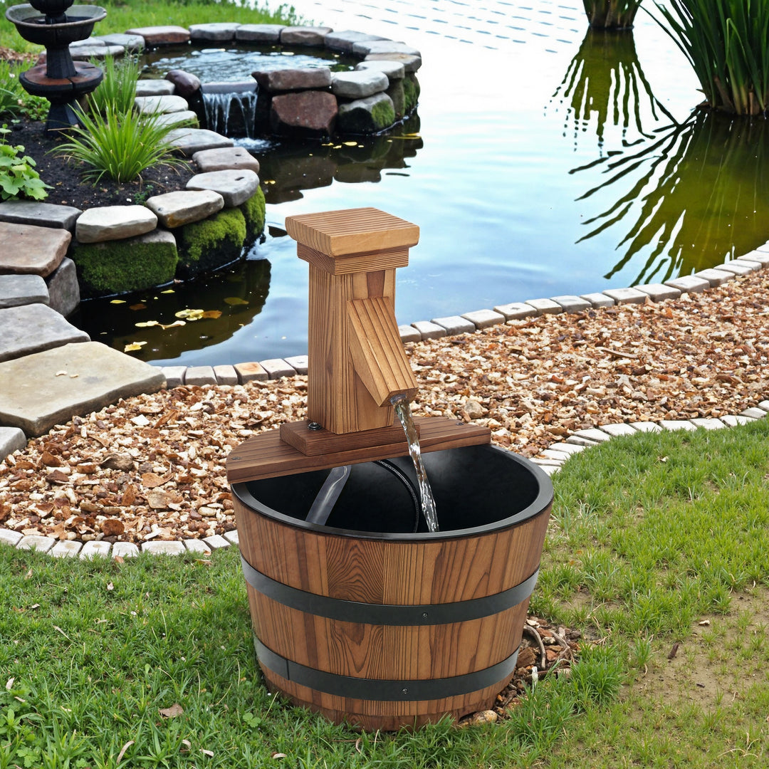 Outsunny Outdoor Waterfall Fountain, Garden Wood Barrel, Carbonized
