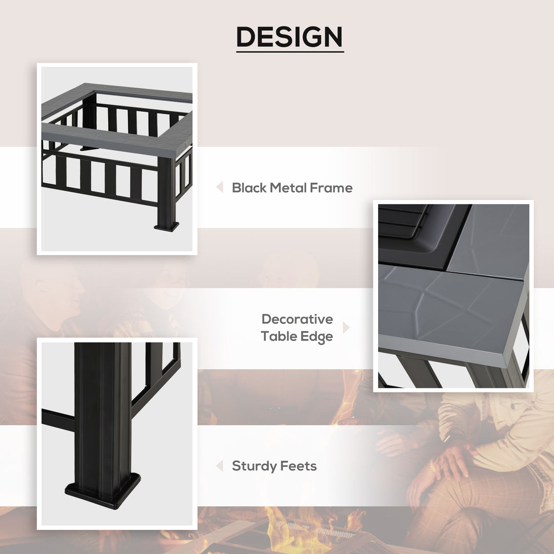 Outsunny 34" Outdoor Square Firepit Steel Stove Portable with Spark Screen Cover Log Grate Poker and Rain Cover for Outside Wood Burning and Camping Black