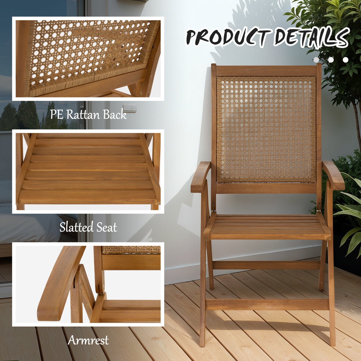 Outsunny Outdoor Folding Chair with Adjustable Back, Wood Foldable Dining Chair with Slatted Seat, Armrest, Teak