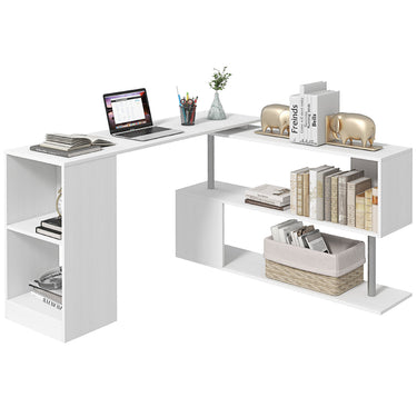 HOMCOM 55" Corner Computer Desk, 360° Rotating L-Shaped Desk, Home Office Workstation with 3-Tier Shelves, Bookshelf, White