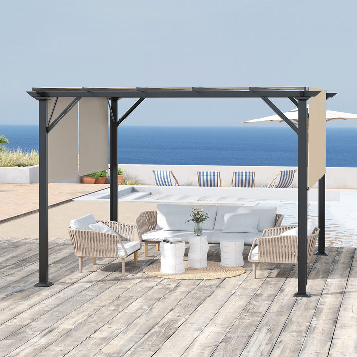 Outsunny 12' x 10' Outdoor Patio Gazebo Pergola with Retractable Canopy Roof, Steel Frame with Stakes, Unique Design, Beige