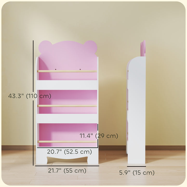 Qaba 3-Tier Bear Theme Kids Bookshelf with Anti-tipping Device for Living Room, Kids Room, Playroom, Pink