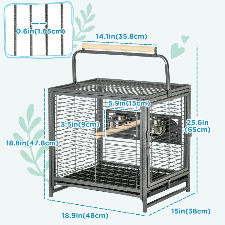PawHut Bird Travel Carrier Cage for Parrots Conures African Grey Cockatiel Parakeets with Stand Perch, Stainless Steel Bowls, Pull Out Tray, Black