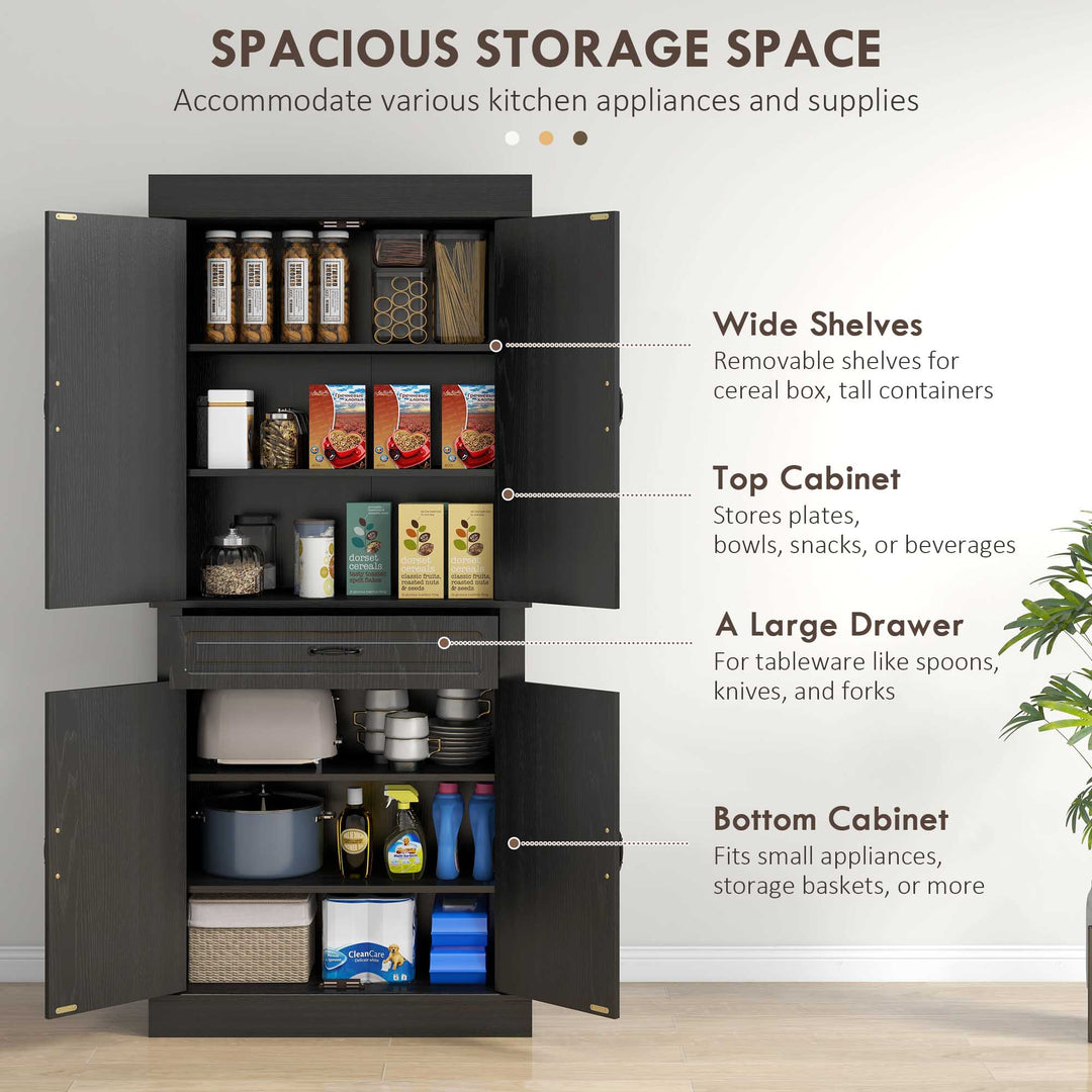 HOMCOM 71" Freestanding Kitchen Pantry with 4 Doors and 2 Cabinets, Tall Storage Cabinet for Kitchen, Distressed Coffee
