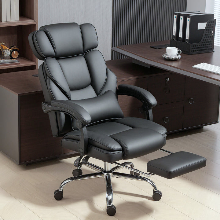 HOMCOM PU Leather Office Chair, Reclining Desk Chair with Footrest, Adjustable Headrest, Lumbar Support, Swivel Wheels, Black