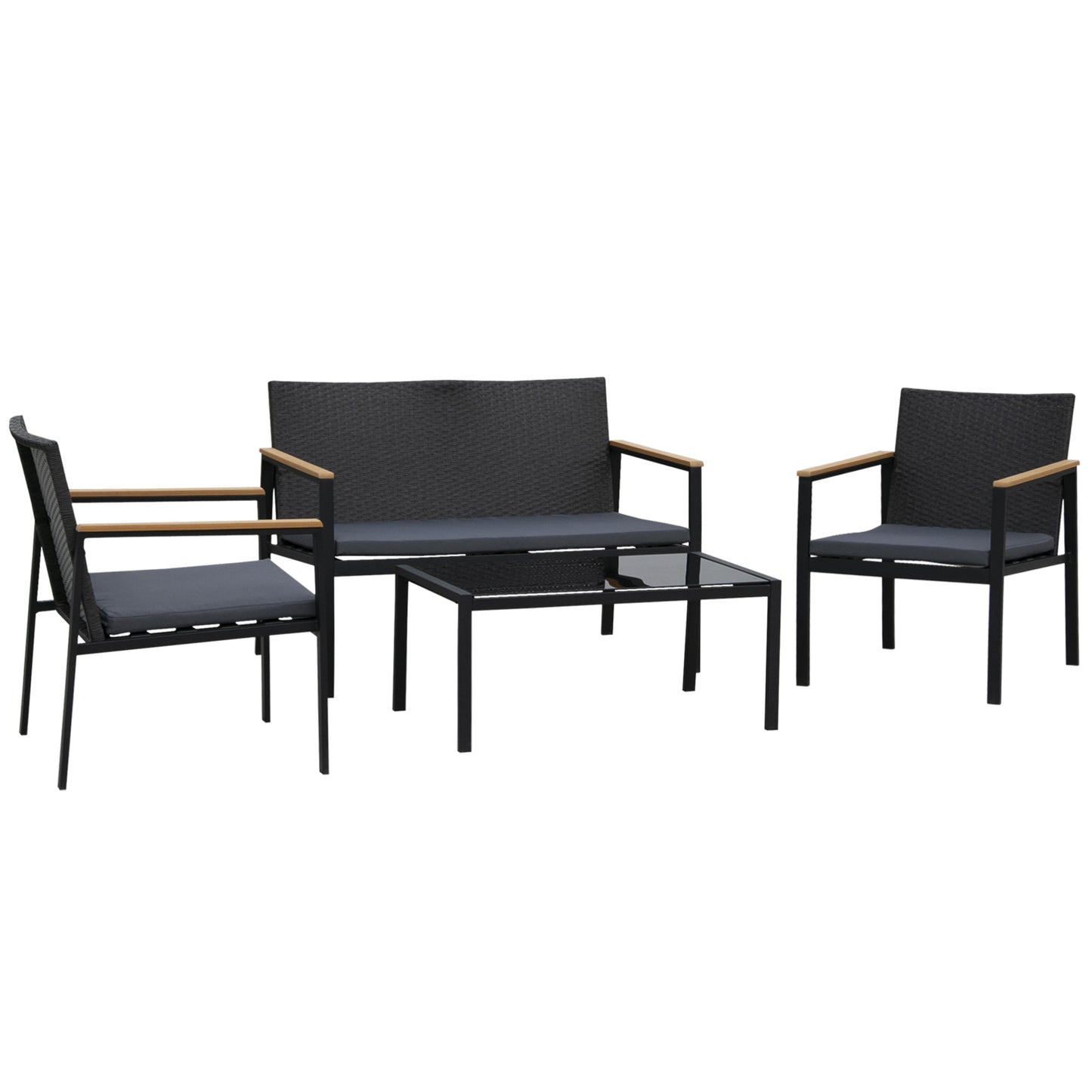 Outsunny 4 Pieces Wicker Patio Furniture Set with Cushions, Outdoor Rattan PE Rattan Conversation Set, Chairs and Loveseat with PS Board Armrests Decoration, Glass Top Table, Black