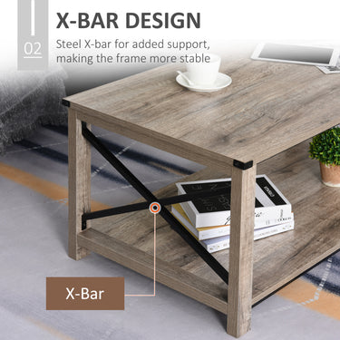 HOMCOM Industrial Coffee Table, Cocktail Table with Bottom Storage Shelf, Metal X-Bar for Living Room Bedroom