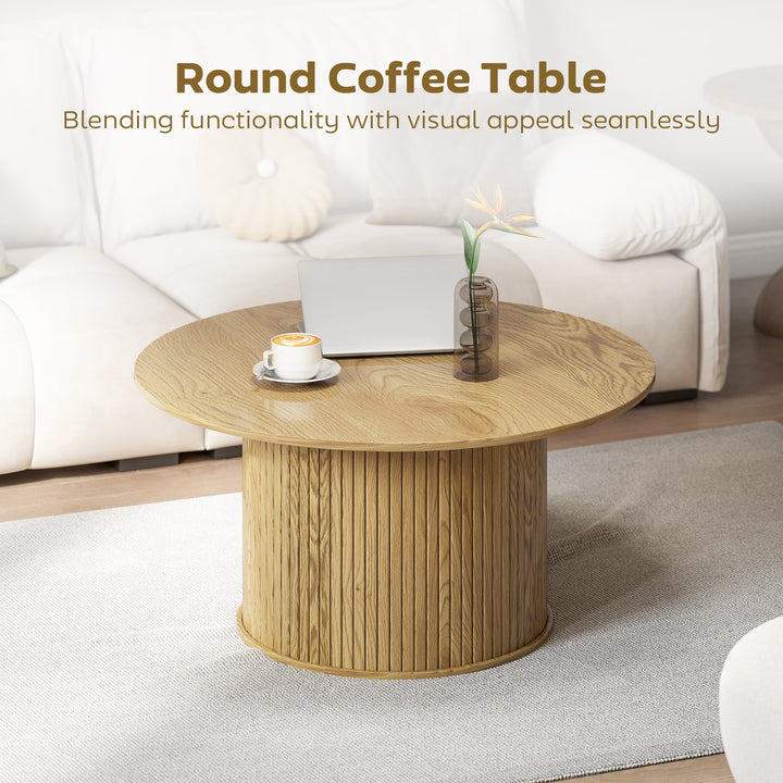 HOMCOM 31.5" Round Coffee Table, Nordic Style Center Table with Fluted Cylindrical Base for Living Room, Oak