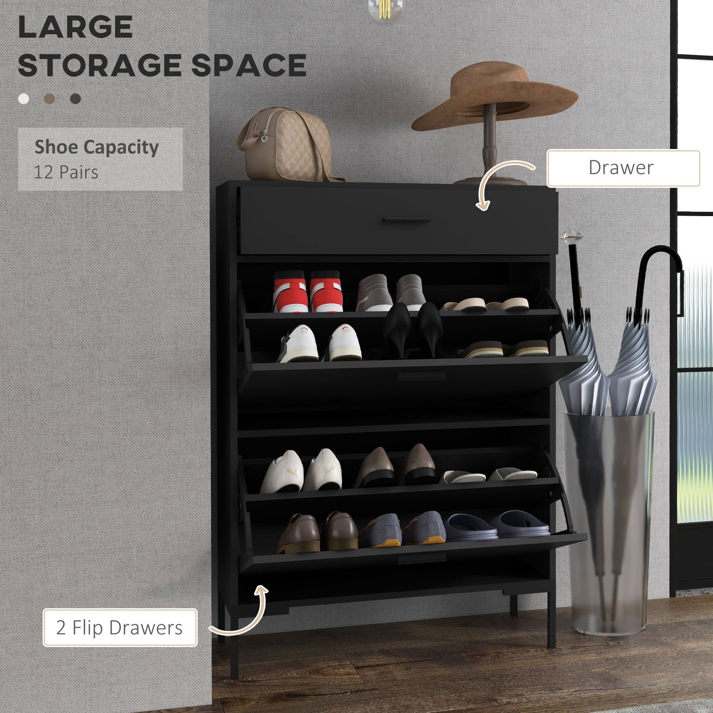 HOMCOM Modern Shoe Cabinet Storage 12 Pair Shoe Organizer with 2 Flip Doors Drawer and Adjustable Shelf White